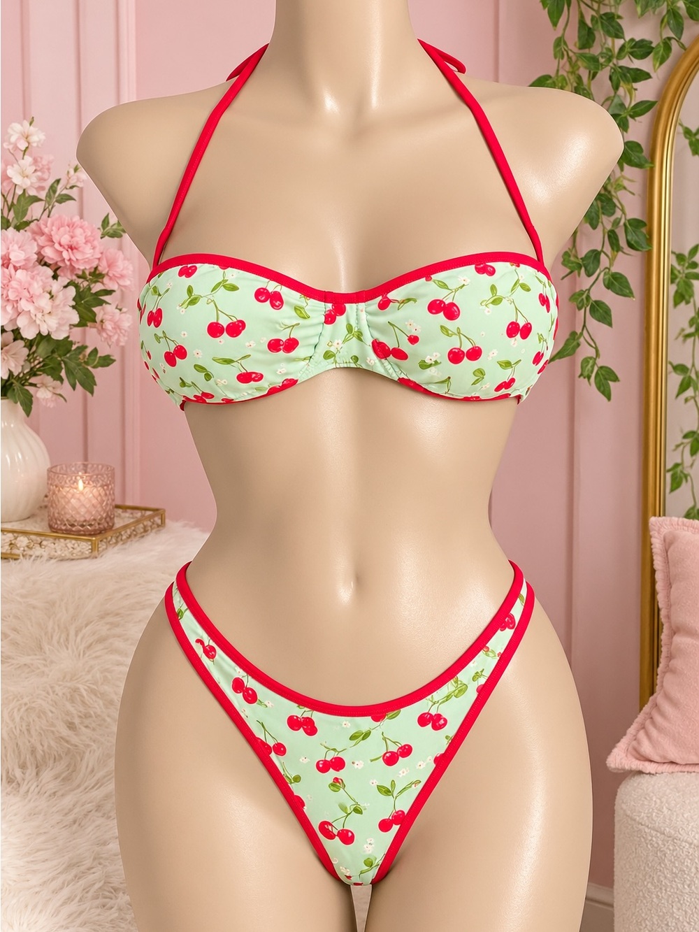 PINK Victoria's Secret Mint Cherry Print Bikini with Red Trim